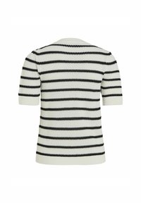 Jersey de manga corta a rayas en blanco y negro. Tejido texturizado con cuello y puños acanalados, que presenta rayas horizontales espaciadas uniformemente.