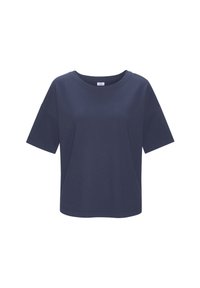 Temno moder kratkosleeven majica s krojem okroglega ovratnika in sproščenim prileganjem. Narejena iz mehkega blaga z gladko teksturo, brez vidnih vzorcev ali dodatkov.