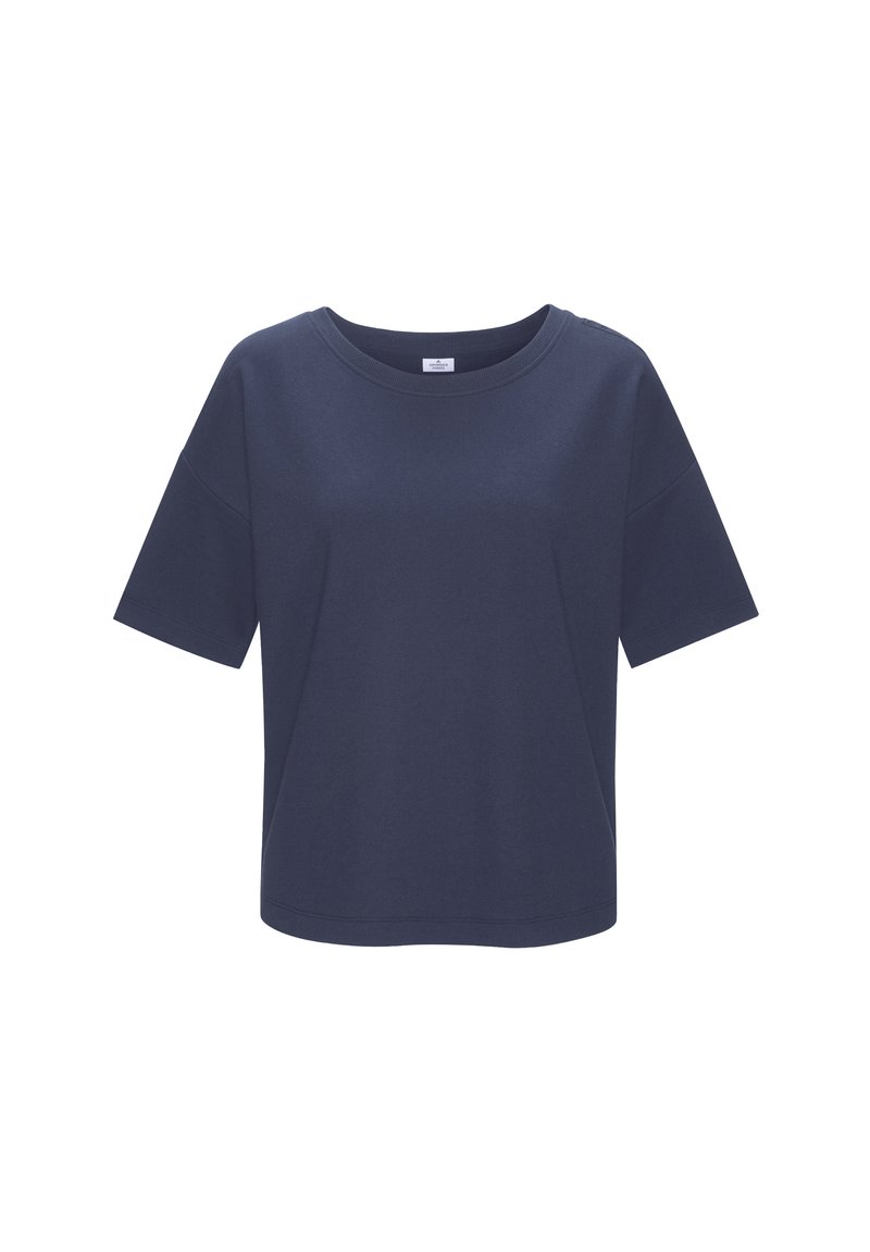 Temno moder kratkosleeven majica s krojem okroglega ovratnika in sproščenim prileganjem. Narejena iz mehkega blaga z gladko teksturo, brez vidnih vzorcev ali dodatkov.