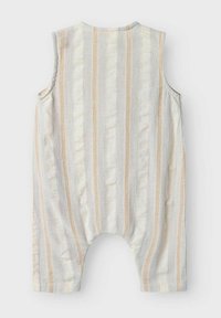 Ärmlös bomullsromper med horisontella ränder i mjuka nyanser av grått, vitt och persika, med rundad halsringning och avslappnad passform.