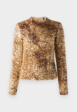 Top lungo con maniche a sbuffo in paillettes dorate, colletto alto e silhouette aderente. Texture liscia, motivo scintillante uniforme, zip nascosta sul retro.