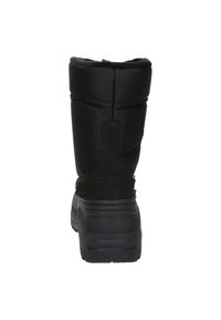 Zwarte waterdichte laars met een bovenwerk van geborduurde stof, een zachte fleece kraag en rubberen zool; tot halverwege de kuit hoogte met een verstevigd achterpaneel.