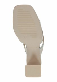 Beige high-heeled sandal with a block heel. Features a textured rubber sole, thin straps, and a glittery accent across the upper. Size 37.
