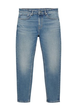 Jeans di denim blu con vestibilità conica, cinque tasche, chiusura con bottone e cerniera, e leggera scoloritura su cosce e ginocchia.