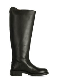 Bota de cuero negro hasta la rodilla con un acabado liso, cremallera lateral y suela de goma resistente. Presenta una costura mínima y puntera redondeada.