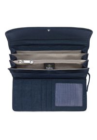 Navy fabric wallet with multiple card slots, a zippered pocket, a clear ID window, and contrasting light gray lining.