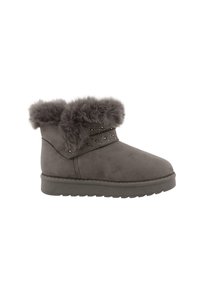 Graue Nubuklederschuhstiefelette mit einem flauschigen grauen Pelzkragen, genieteten Riemen und einer flachen Sohle. Weicher Stoff und runde Zehenform.