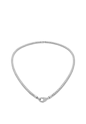 Silberne Halskette mit gewebtem Design und dekorativem Verschluss, besetzt mit kleinen funkelnden Steinen.