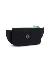 Black fabric pouch with a green zipper and accents, featuring a round logo and two textured side wings. Zipper pull is light green.