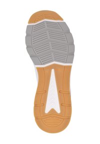 Gummisohle für Sneaker mit einem grauen strukturierten Muster, orangefarbenen Akzenten und weißen Details. Verfügt über ein multidirektionales Grip-Design für bessere Traktion.