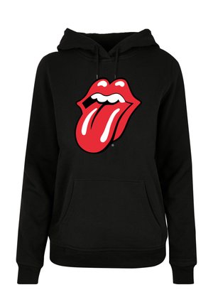 Black hoodie made of cotton blend, featuring a large red tongue logo on the front. Includes a front pocket and drawstring hood.