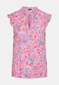 Blusa senza maniche a fiori in rosa, con scollo arricciato, chiusura con fiocco e motivi astratti in tonalità rosse, blu e verde.