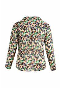 Blouse à manches longues avec un motif abstrait multicolore sur un fond crème, dotée d'un col classique et de poignets à boutons.