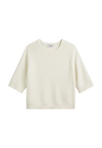 Pull à manches courtes, couleur crème, avec un col rond et des manches raglan, fabriqué en tissu texturé. Design simple sans motifs ni accents.