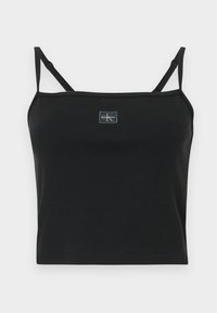 Black ribbed crop top with thin straps and a square neckline. Features a small logo on the front. Cotton blend material, fitted design.