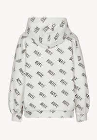 Witte hoodie met een herhalend zwart "BIZUU" tekstpatroon. Zacht materiaal, losse pasvorm, elastische boorden en onderrand.