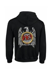 Felpa nera con cappuccio caratterizzata da un grande emblema grafico sul retro, che raffigura un'aquila, uno scudo circolare e il testo "SLAYER" in rosso.