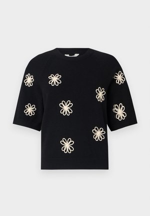 Black knit short-sleeve sweater with embroidered cream-colored flower patterns evenly spaced across the front and ribbed neckline and hem.