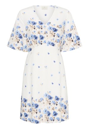 White V-neck short-sleeve dress with blue and beige floral pattern concentrated on sleeves, chest, and hem.