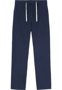 Pantaloni blu navy in tessuto leggero con design a gamba dritta, cintura elastica e coulisse bianca a contrasto.