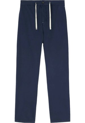 Pantaloni blu navy in tessuto leggero con design a gamba dritta, cintura elastica e coulisse bianca a contrasto.