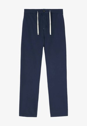 Pantaloni blu navy in tessuto leggero con design a gamba dritta, cintura elastica e coulisse bianca a contrasto.