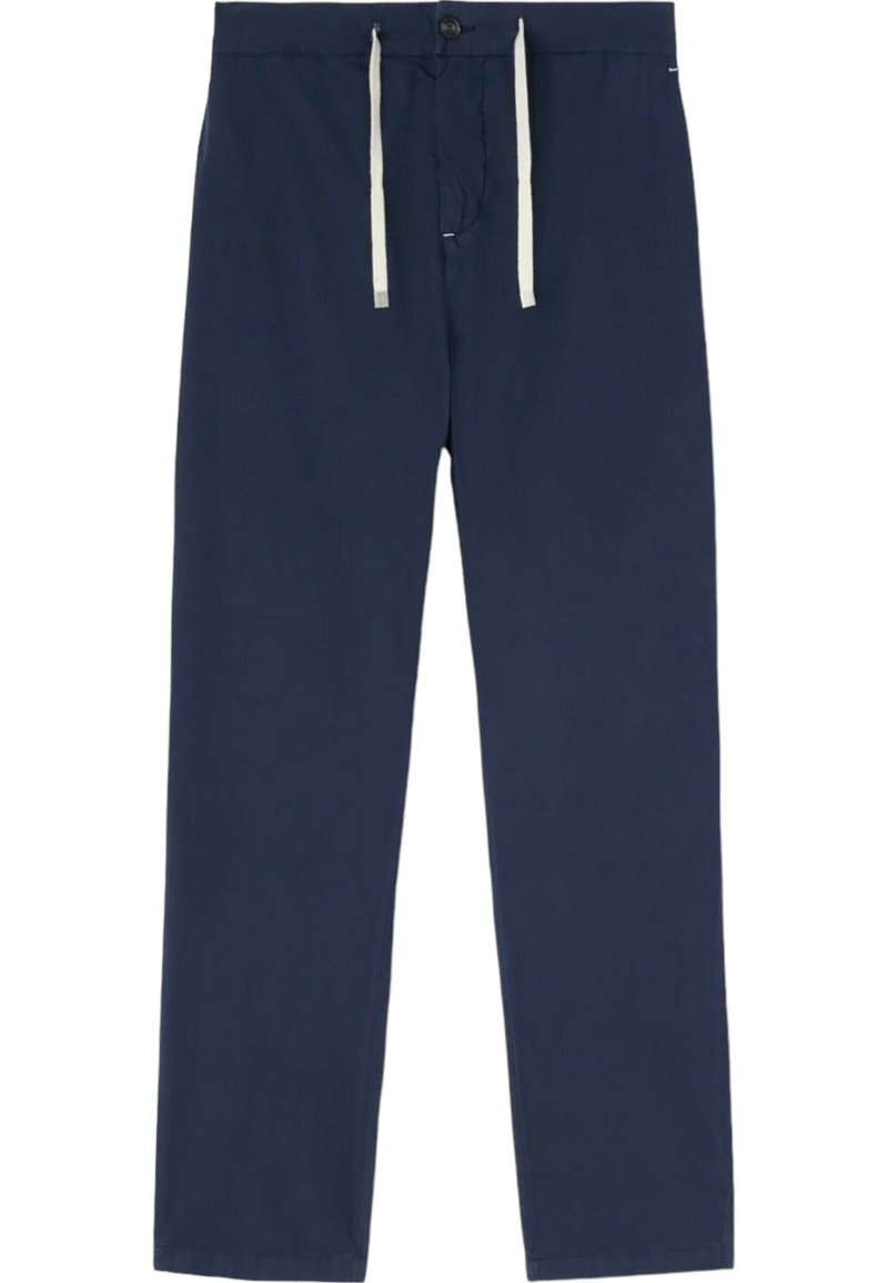 Pantaloni blu navy in tessuto leggero con design a gamba dritta, cintura elastica e coulisse bianca a contrasto.