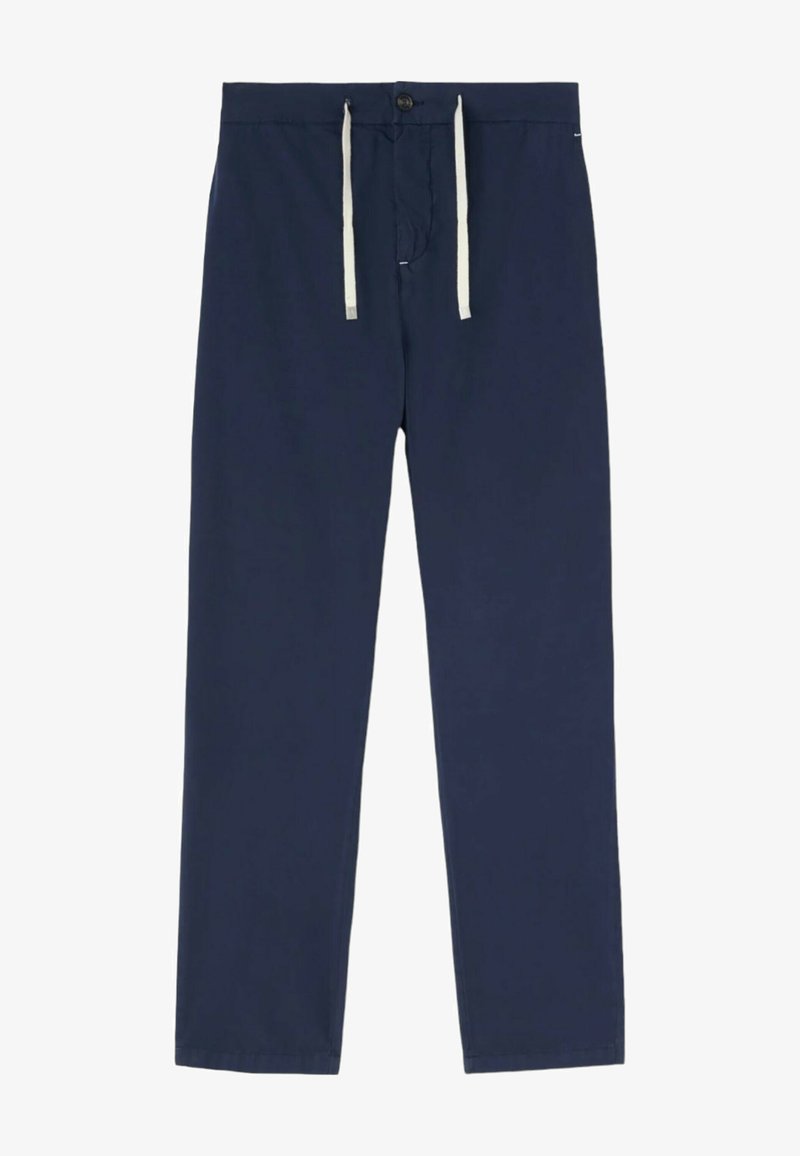 Pantaloni blu navy in tessuto leggero con design a gamba dritta, cintura elastica e coulisse bianca a contrasto.