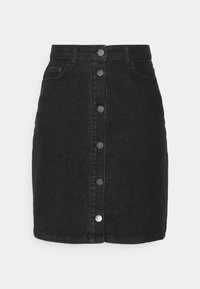 Black denim skirt with a straight cut, featuring a front button closure, two side pockets, and subtle stitching details.