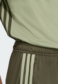 Sportowy strój składający się z jasnoszarego topu, oliwkowych spodni, elastycznego pasa i trzech pionowych pasków po boku spodni.