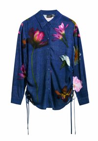 Long-sleeve shirt in dark blue denim fabric featuring large floral prints in pink, white, and green. Includes adjustable ties at the sides.