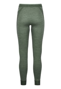 Green leggings made of stretchy, textured fabric, featuring a contoured fit and slightly darker cuffs at the ankles.