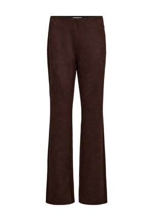 Bruna, utsvängda byxor gjorda av mjukt mockaliknande material. Har en slät yta och en midje-design utan synlig hårdvara.