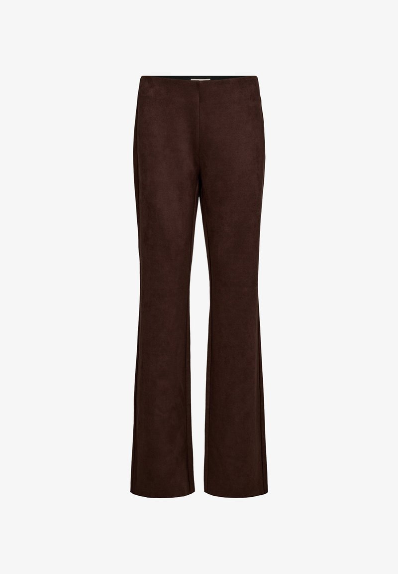 Bruna, utsvängda byxor gjorda av mjukt mockaliknande material. Har en slät yta och en midje-design utan synlig hårdvara.