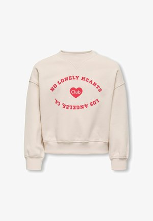 Roomkleurige sweatshirt met een ronde hals, voorzien van rood tekst die 'NO LONELY HEARTS Club' zegt en een hartgrafiek, een ontspannen pasvorm en geribbelde boorden.