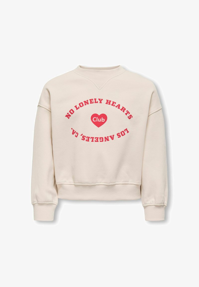 Sweatshirt crème avec col rond, portant un texte rouge "NO LONELY HEARTS Club" et un motif cœur, coupe décontractée, poignets côtelés.