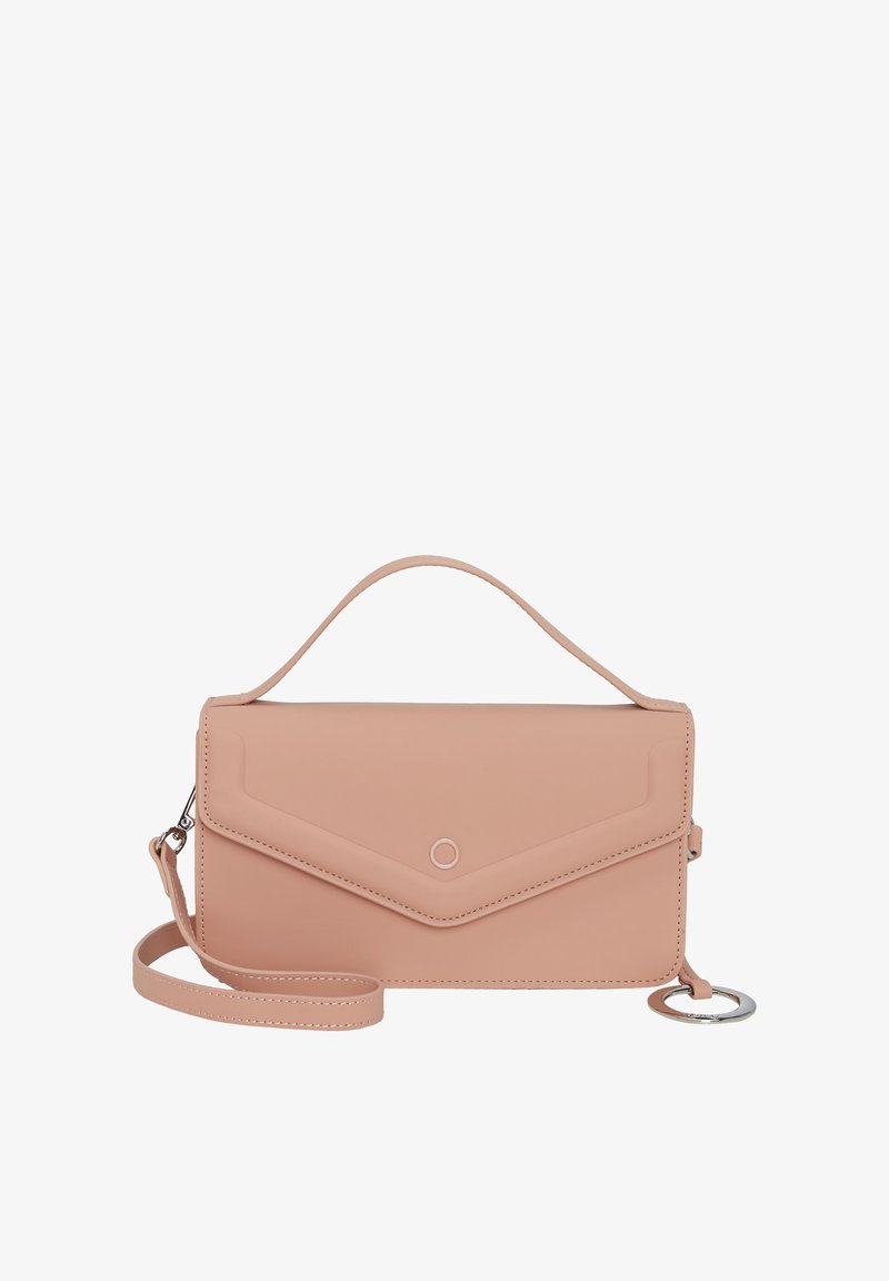 Rosa Handtasche aus Kunstleder mit Klappenverschluss, verstellbarem Riemen und einem runden Schlüsselanhänger-Akzent. Verfügt über eine glatte Textur und ein minimales Design.