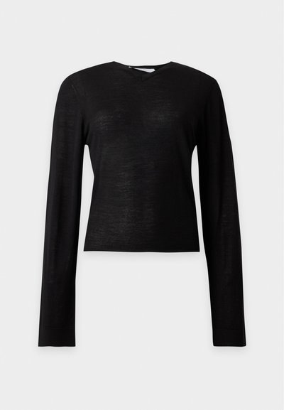 Pull léger noir à manches longues avec un col rond et un ourlet droit sur un fond uni gris clair.
