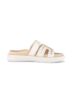 White slip-on sandal with cushioned sole, two wide straps, and gold-tone studs on the front strap, designed for casual wear.