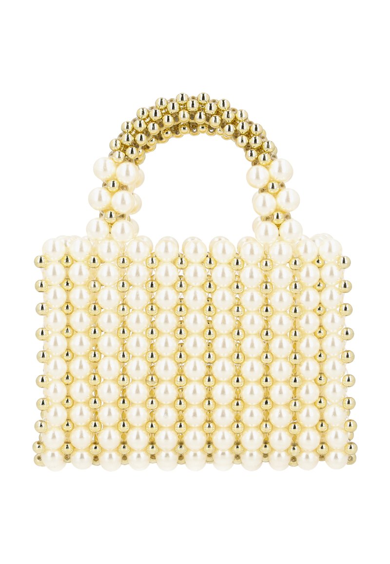 Pärlhandväska med en strukturerad form, med vita pärlor och guldiga detaljer. Rund handtag av metallpärlor, texturerad yta.