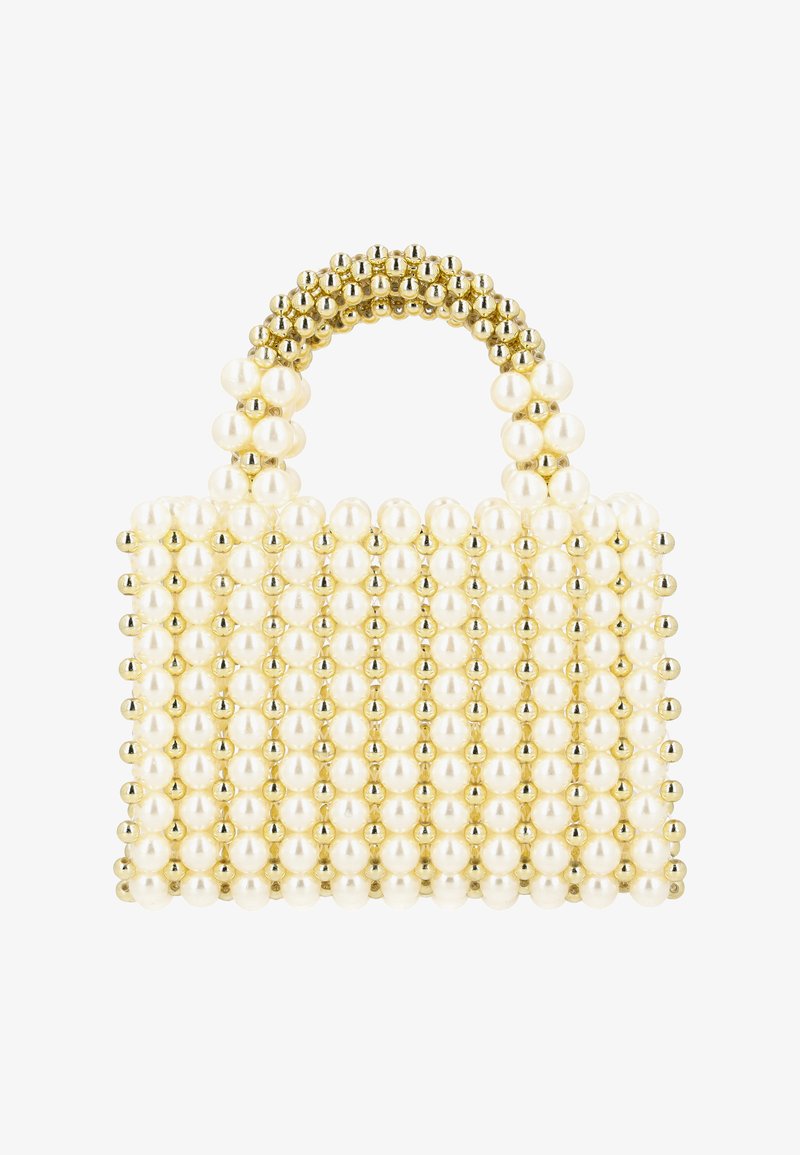 Gyöngyökkel díszített táska, strukturált formával, fehér gyöngyökkel és arany kiegészítőkkel. Lekerekített fogantyú, fém gyöngyökből készült, texturált felülettel.