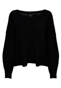 Czarny dziergany sweter o luźnym, szerokim fasonie, prążkowanej fakturze i opuszczonych ramionach. Posiada dekolt w kształcie łódki i krótki krój.