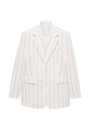 Hvid stribet blazer med en skræddersyet design, en enkelt knaplukning, notch-lapel krave, to frontlommer og en brystlomme.
