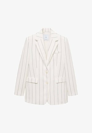 Hvid stribet blazer med en skræddersyet design, en enkelt knaplukning, notch-lapel krave, to frontlommer og en brystlomme.