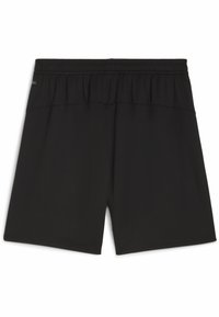 Pantalones cortos deportivos negros hechos de material sintético ligero. Presentan una cinturilla elástica y una textura suave. Diseño simple, sin patrones.