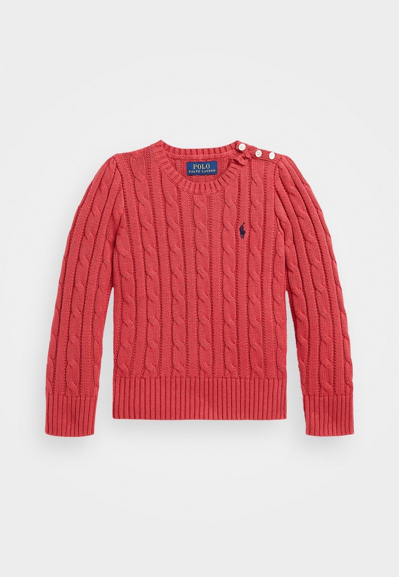 Červený svetr s pleteným vzorem, dlouhými rukávy, žebrovanými manžetami a spodním lemem. Obsahuje kulatý výstřih a tři ozdobné knoflíky na jednom rameni.