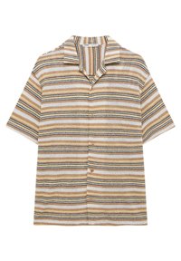 Kort shirt met korte mouwen en een kraag, met horizontale strepen in bruin, geel en zwart. Gemaakt van gestructureerde stof, met vijf knopen als sluiting.