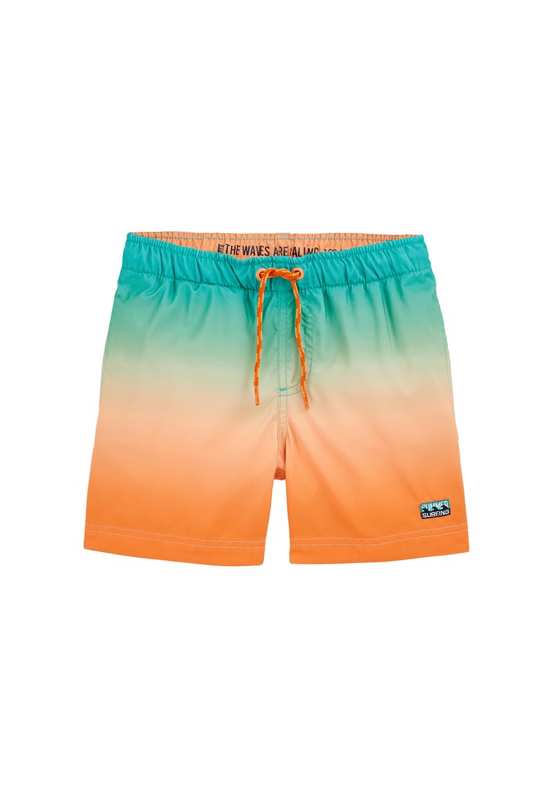 Shorts de bain dégradés orange et aqua avec une taille élastique, une fermeture à cordon, et des détails cousus. Présente un logo sur l'ourlet.
