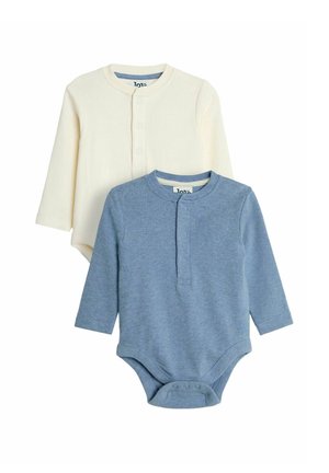 To lange langærmede bodysuits: en cremefarvet ribbet med knaplukning, en blå med struktur og knapper ved halsen. Blødt bomuldsstof.
