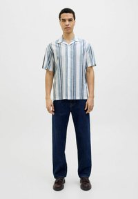 Camicia a maniche corte a righe blu chiaro e bianca, con bottoni frontali, abbinata a jeans dritti blu scuro e scarpe marroni.